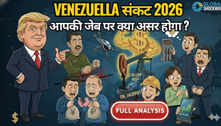 एक प्रोफेशनल ग्राफिक जिसमें 2026 वेनेजुएला संकट को दिखाया गया है। इसमें एक तरफ हथकड़ी में मादुरो, दूसरी तरफ डॉलर का शक्तिशाली प्रतीक, और नीचे की ओर परेशान भारतीय नागरिक दिखाए गए हैं जो पेट्रोल और सोने की बढ़ती कीमतों को देख रहे हैं। मध्य में रिलायंस का संदर्भ देते हुए तेल के भंडार को दिखाया गया है।