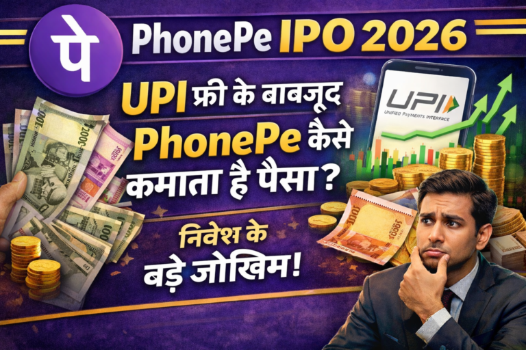 thumbnail showing PhonePe IPO 2026 topic with UPI logo on a mobile screen, rising financial graph, Indian currency notes and coins, and a thoughtful businessman highlighting investment risks.